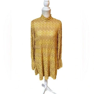 Free People Simone Mock Neck Lace Flared Long Sleeves Mini Dress Yellow Size S